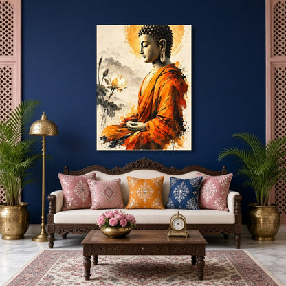 Immerse yourself in the serene elegance of our Golden Aura: Buddha in Contemplative Lotus for Living Room