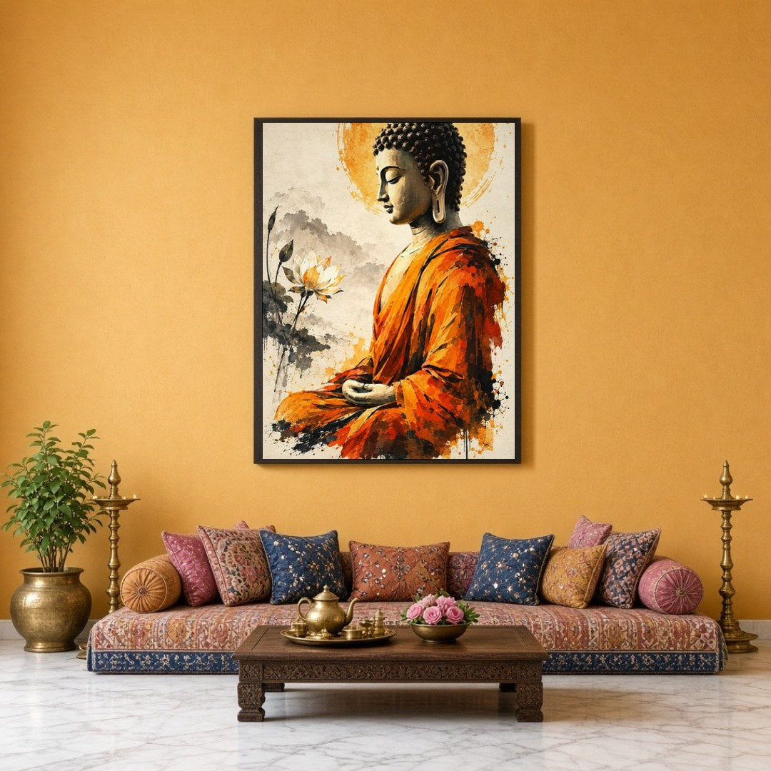 Immerse yourself in the serene elegance of our Golden Aura: Buddha in Contemplative Lotus for Sitting Lounge