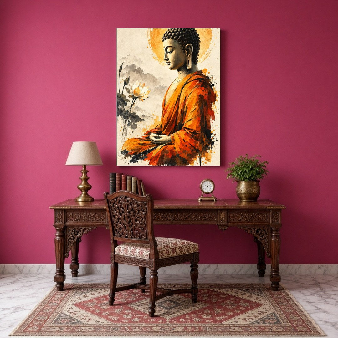 Immerse yourself in the serene elegance of our Golden Aura: Buddha in Contemplative Lotus for Study