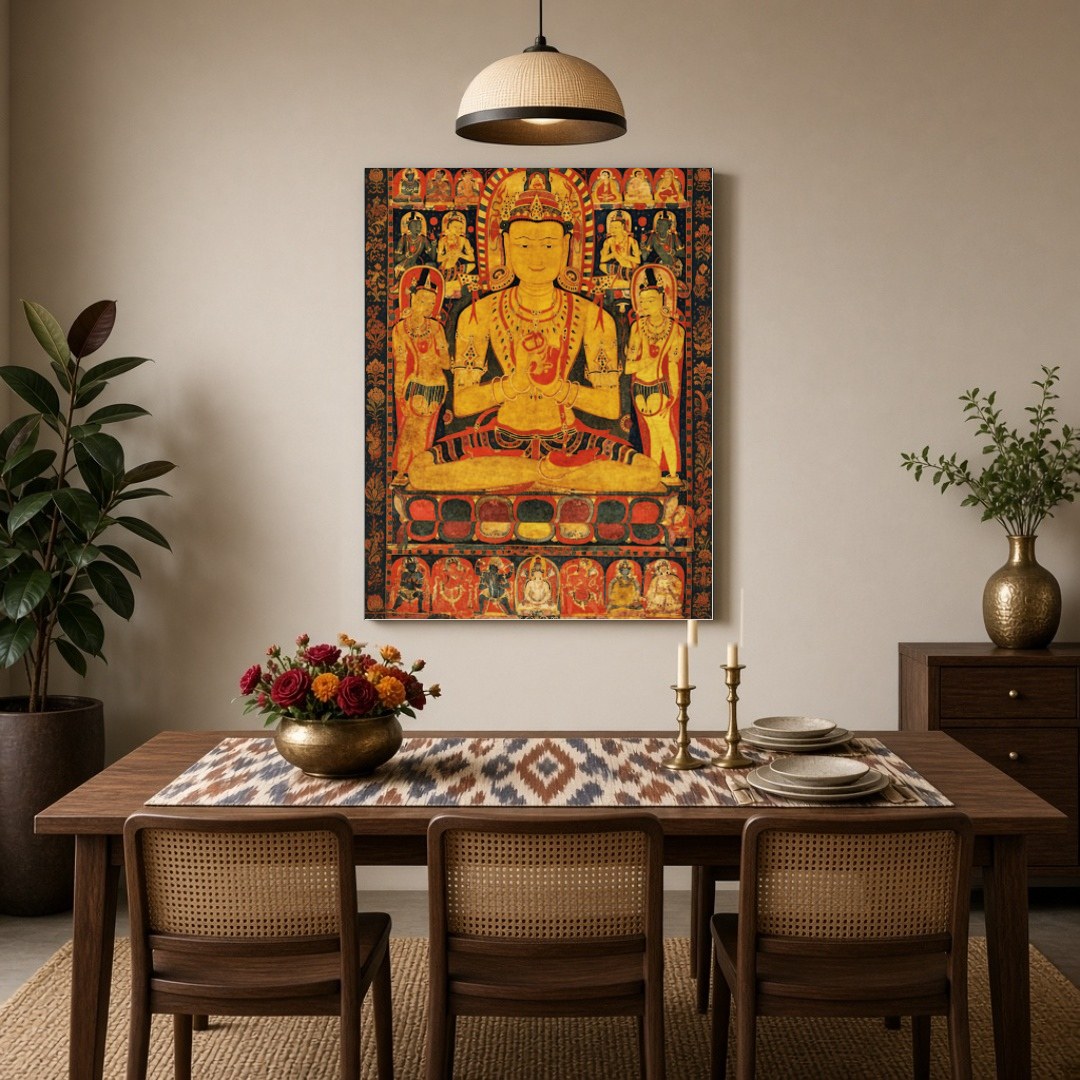 Immerse yourself in the spiritual elegance of this captivating Thangka artwork, featuring a radiant for Dining