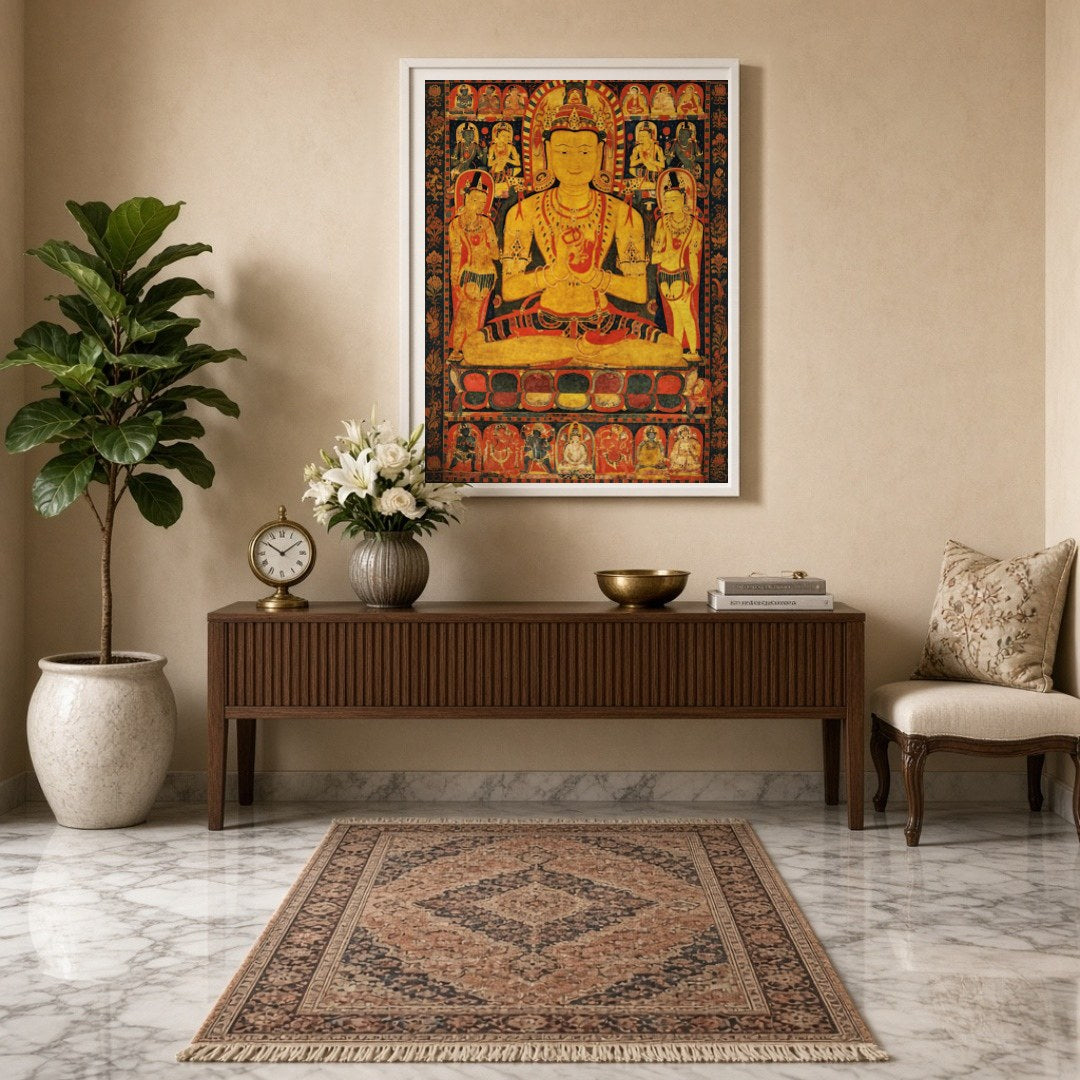 Immerse yourself in the spiritual elegance of this captivating Thangka artwork, featuring a radiant for Entrance