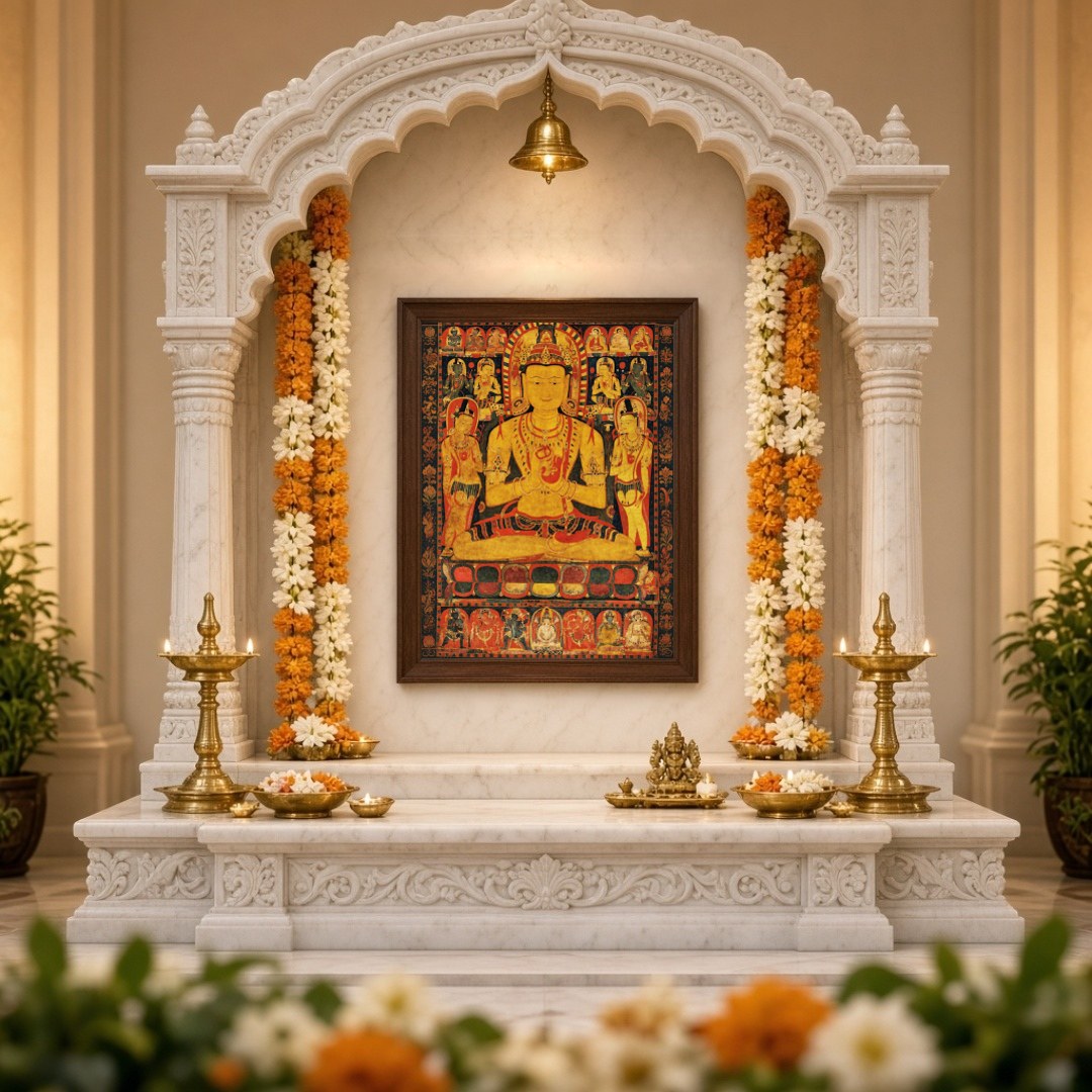 Immerse yourself in the spiritual elegance of this captivating Thangka artwork, featuring a radiant for Home Temple