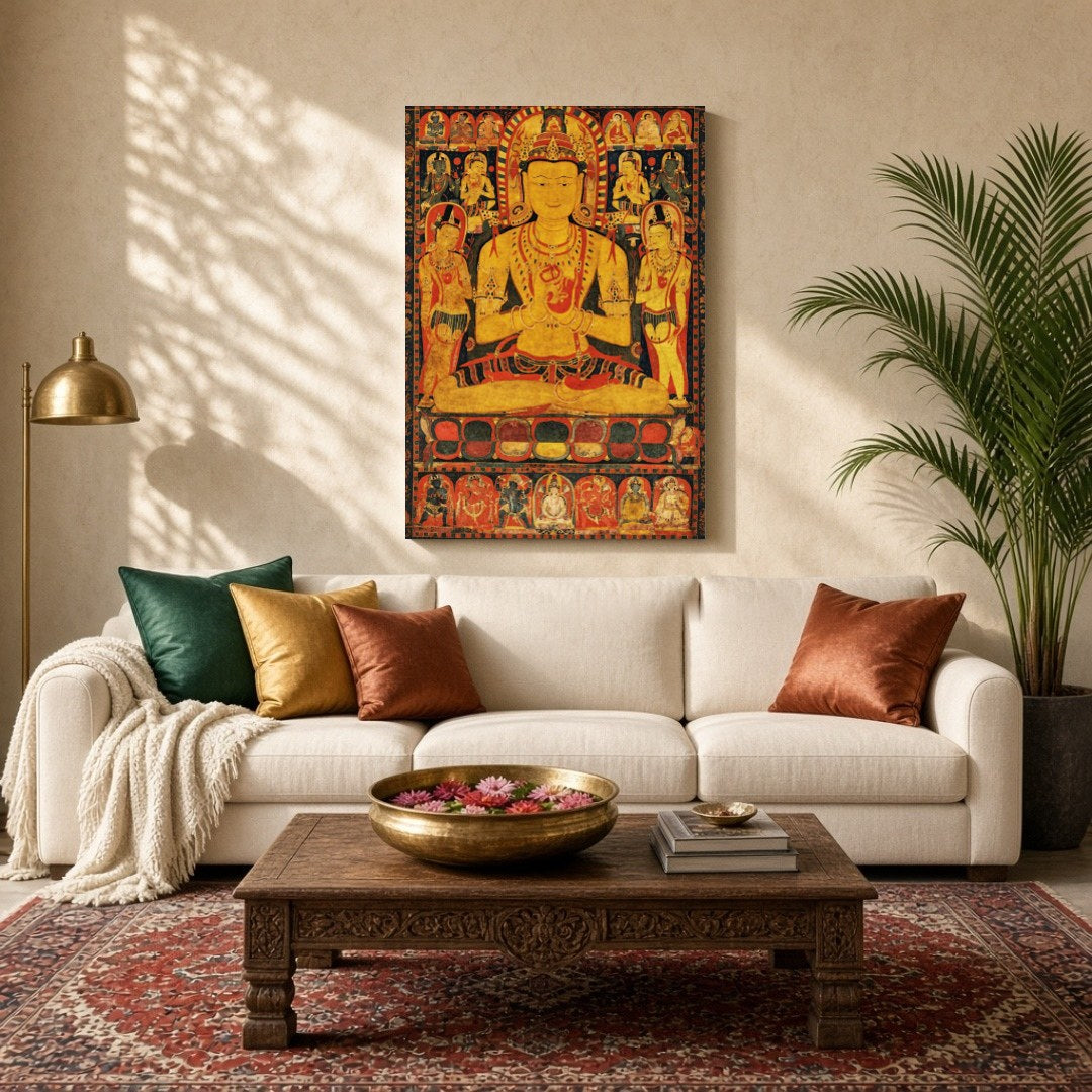 Immerse yourself in the spiritual elegance of this captivating Thangka artwork, featuring a radiant for Living Room