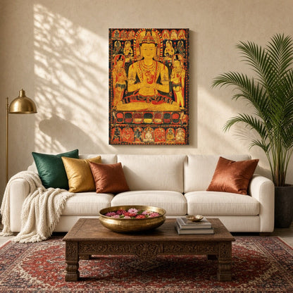 Immerse yourself in the spiritual elegance of this captivating Thangka artwork, featuring a radiant for Living Room