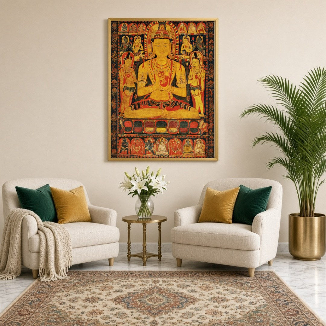 Immerse yourself in the spiritual elegance of this captivating Thangka artwork, featuring a radiant for Sitting Lounge