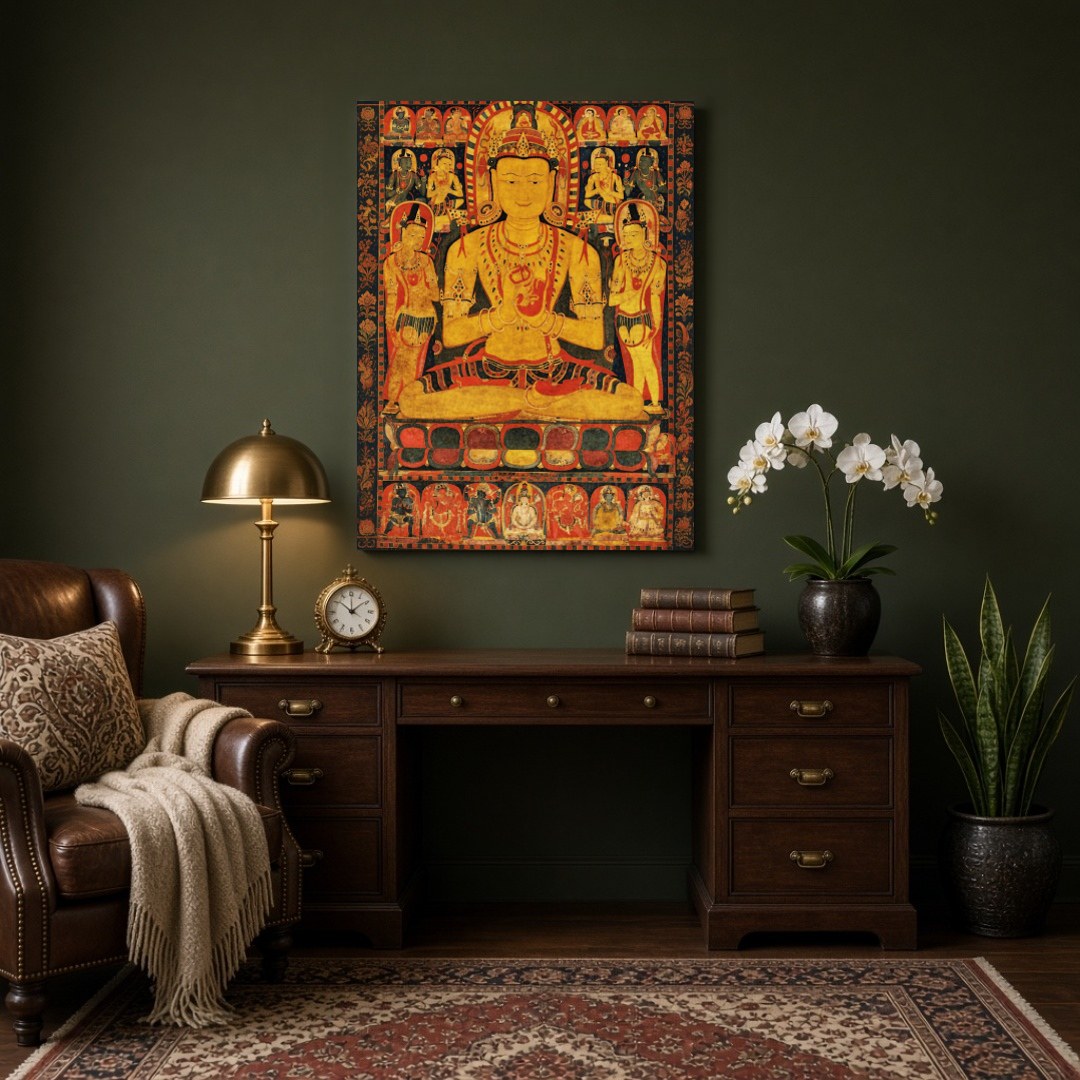 Immerse yourself in the spiritual elegance of this captivating Thangka artwork, featuring a radiant for Study