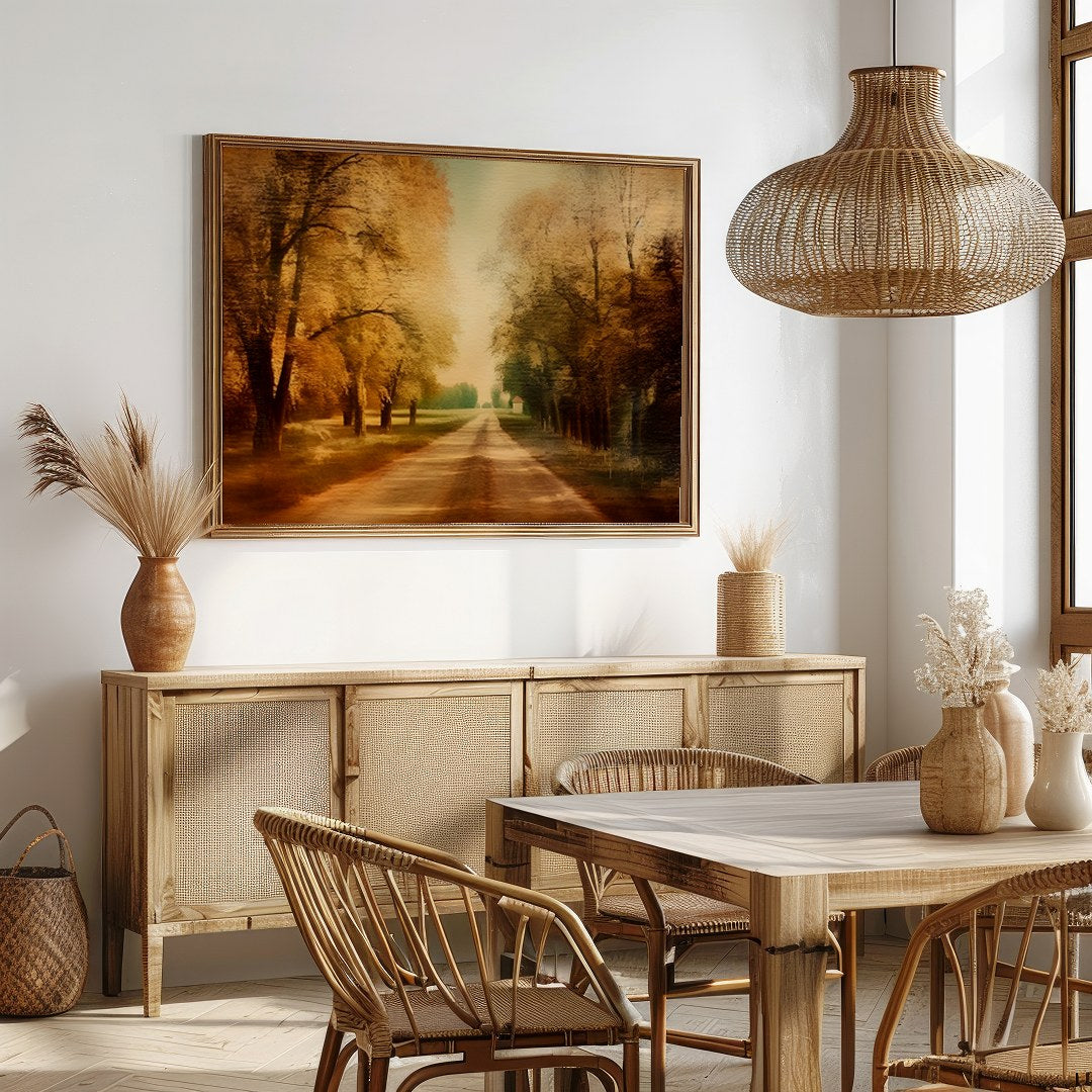 Immerse yourself in the tranquility of autumn with this stunning wall art piece. Featuring a sunlit for Dining