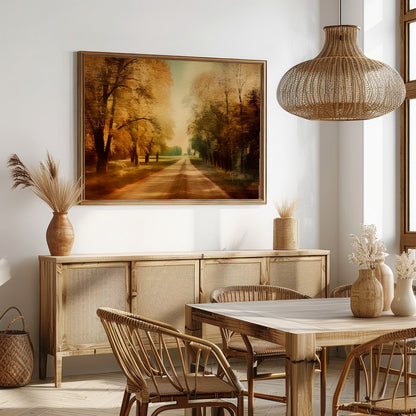 Immerse yourself in the tranquility of autumn with this stunning wall art piece. Featuring a sunlit for Dining