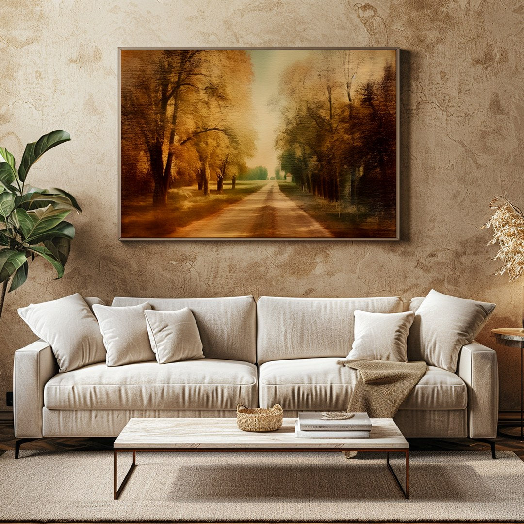 Immerse yourself in the tranquility of autumn with this stunning wall art piece. Featuring a sunlit for Family Room