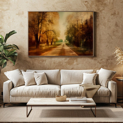 Immerse yourself in the tranquility of autumn with this stunning wall art piece. Featuring a sunlit for Family Room