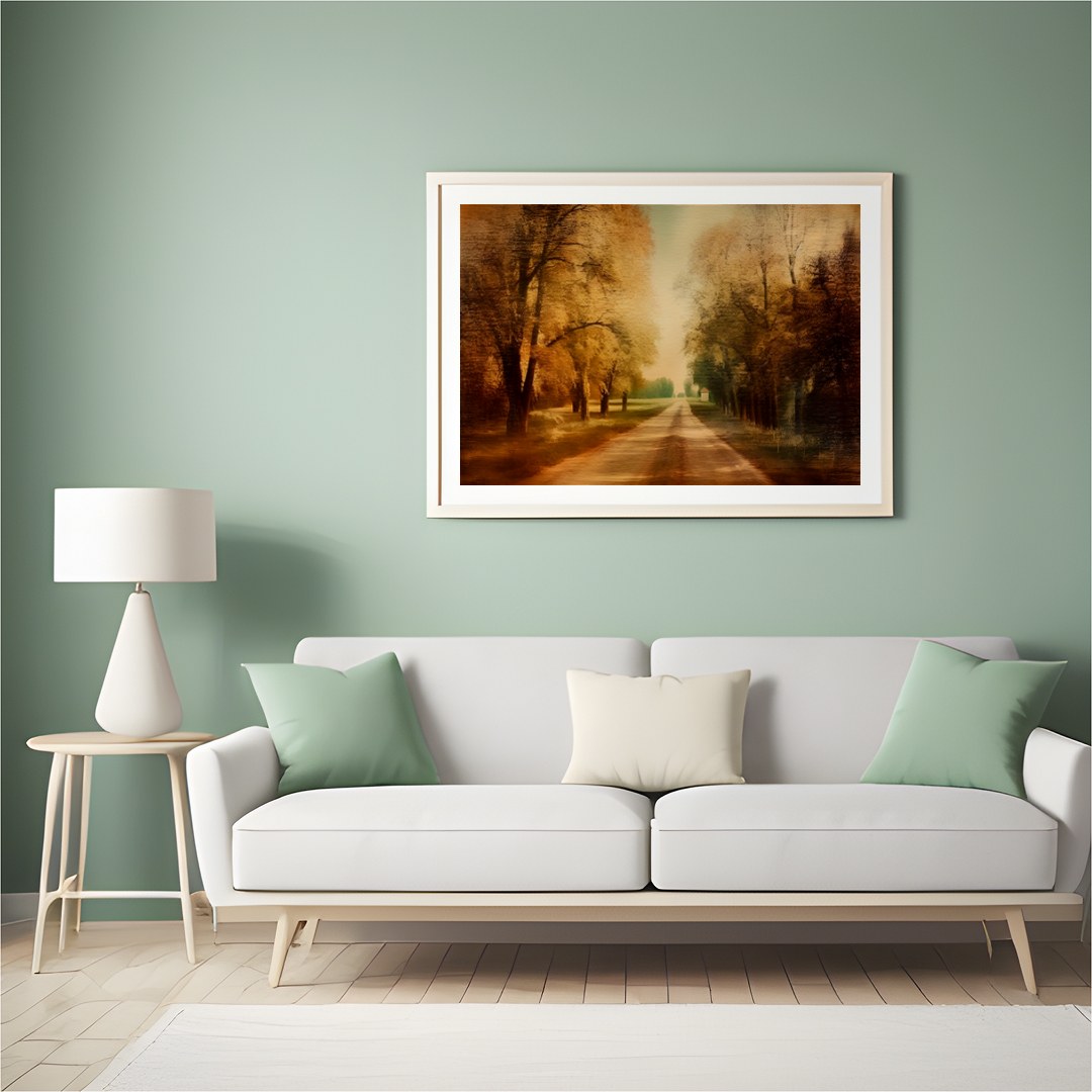 Immerse yourself in the tranquility of autumn with this stunning wall art piece. Featuring a sunlit for Hall