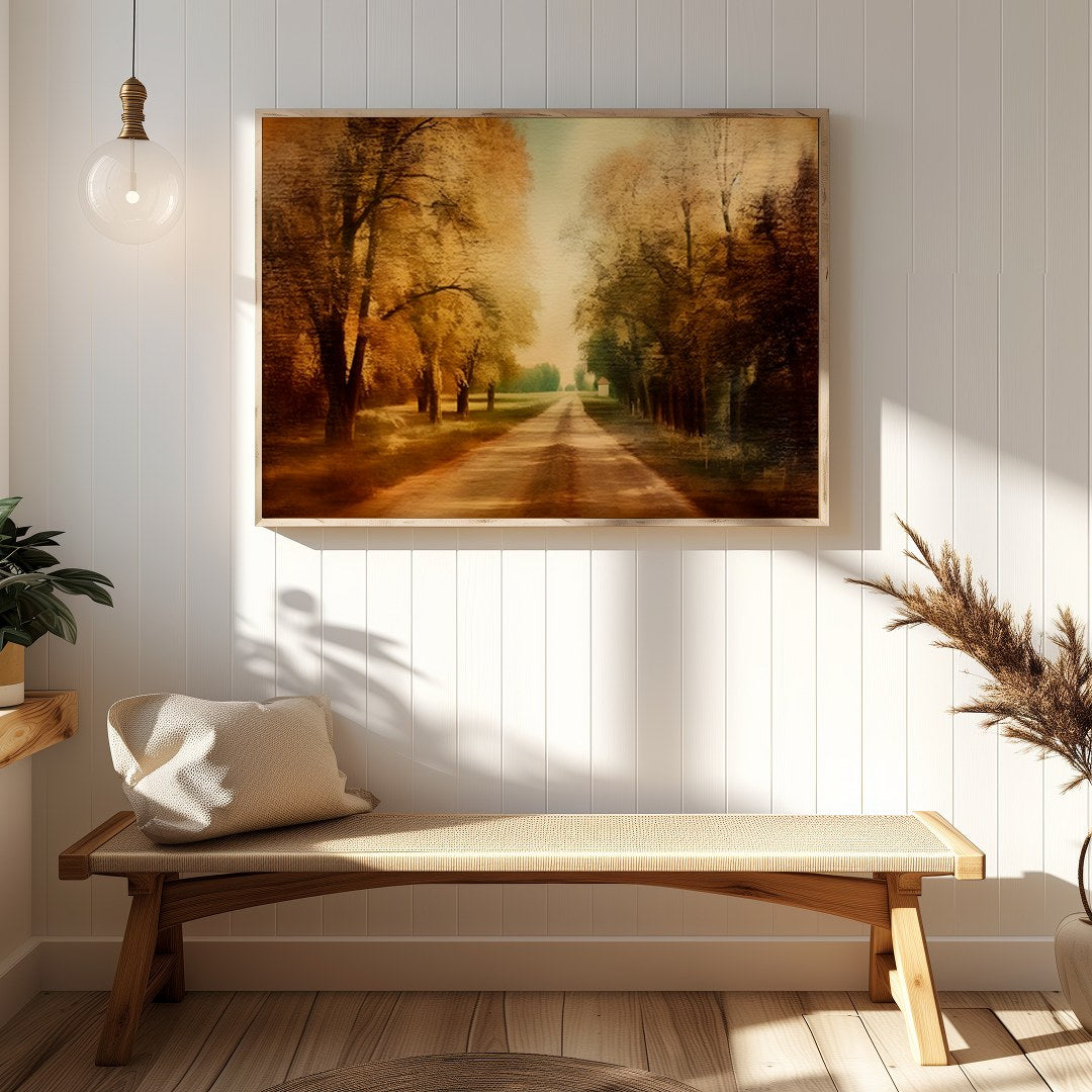 Immerse yourself in the tranquility of autumn with this stunning wall art piece. Featuring a sunlit for Hallway