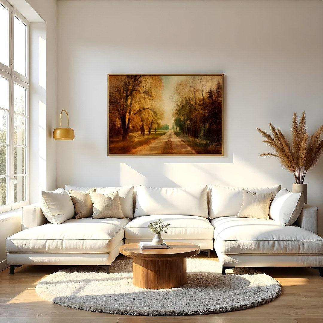 Immerse yourself in the tranquility of autumn with this stunning wall art piece. Featuring a sunlit for Living Room