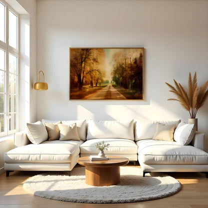 Immerse yourself in the tranquility of autumn with this stunning wall art piece. Featuring a sunlit for Living Room