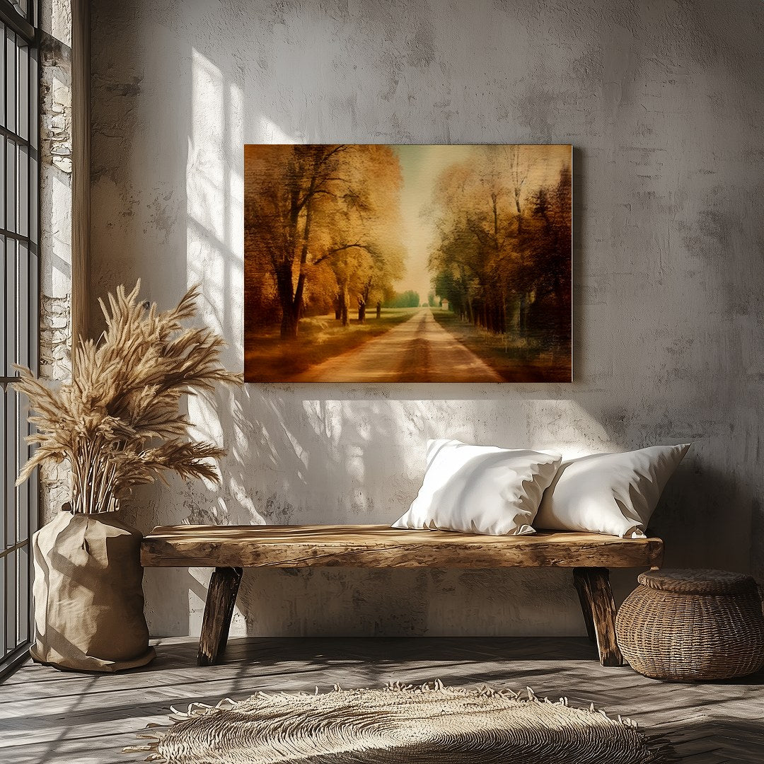 Immerse yourself in the tranquility of autumn with this stunning wall art piece. Featuring a sunlit for Veranda