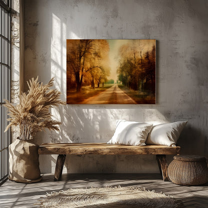 Immerse yourself in the tranquility of autumn with this stunning wall art piece. Featuring a sunlit for Veranda