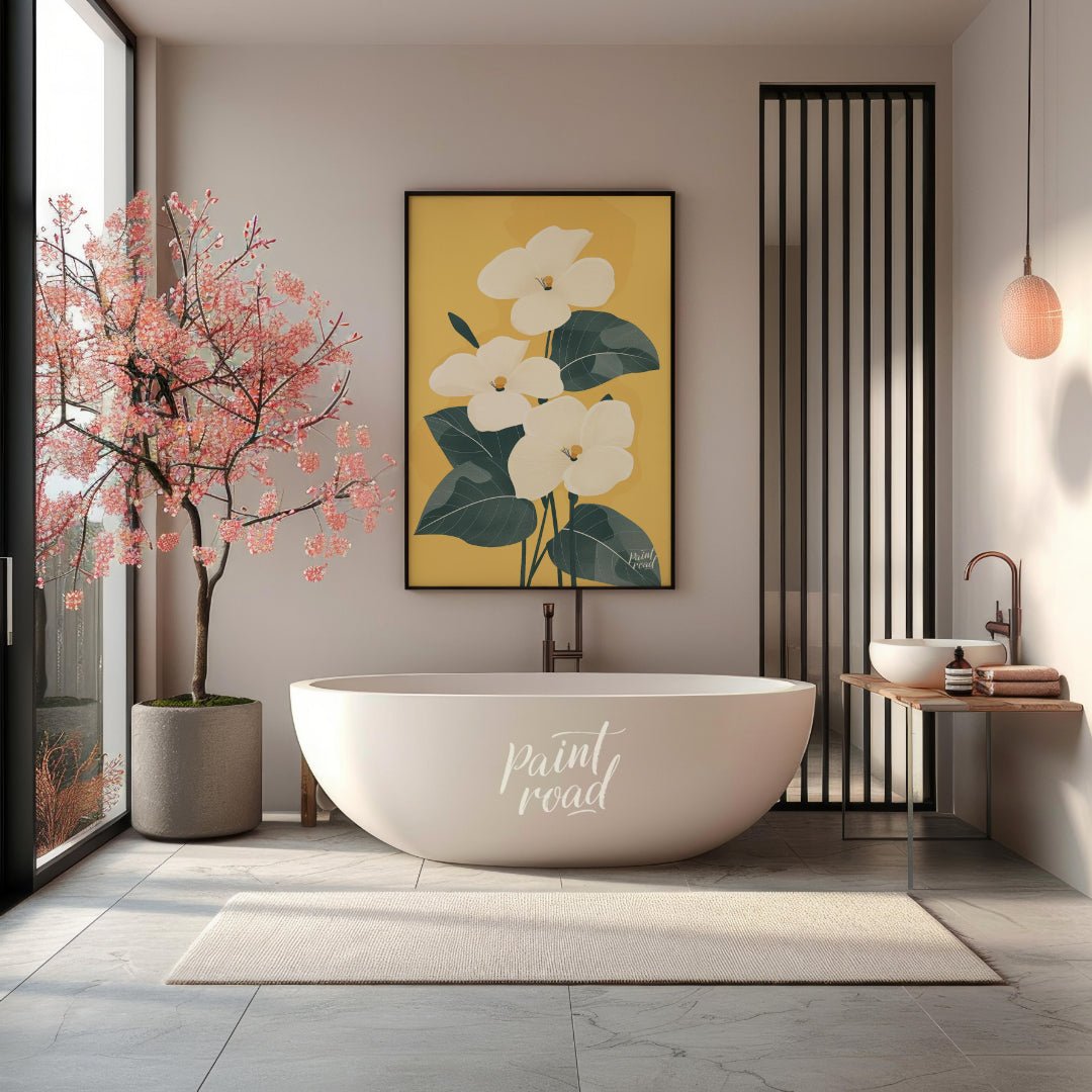 This elegant digital illustration features three white flowers with delicate petals and subtle yell… for bathroom