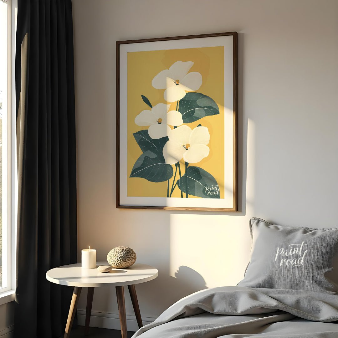 This elegant digital illustration features three white flowers with delicate petals and subtle yell… for bedroom