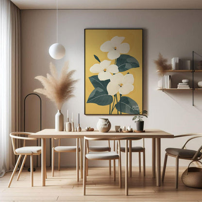 This elegant digital illustration features three white flowers with delicate petals and subtle yell… for dining room