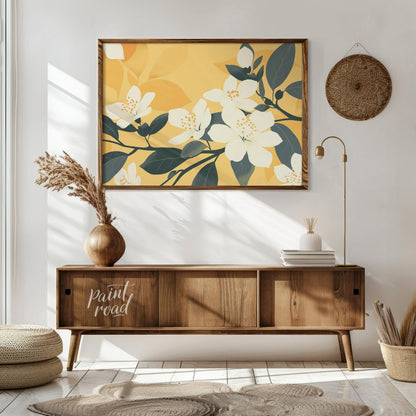 This serene digital illustration features white flowers with delicate petals and subtle yellow cent… for entryway