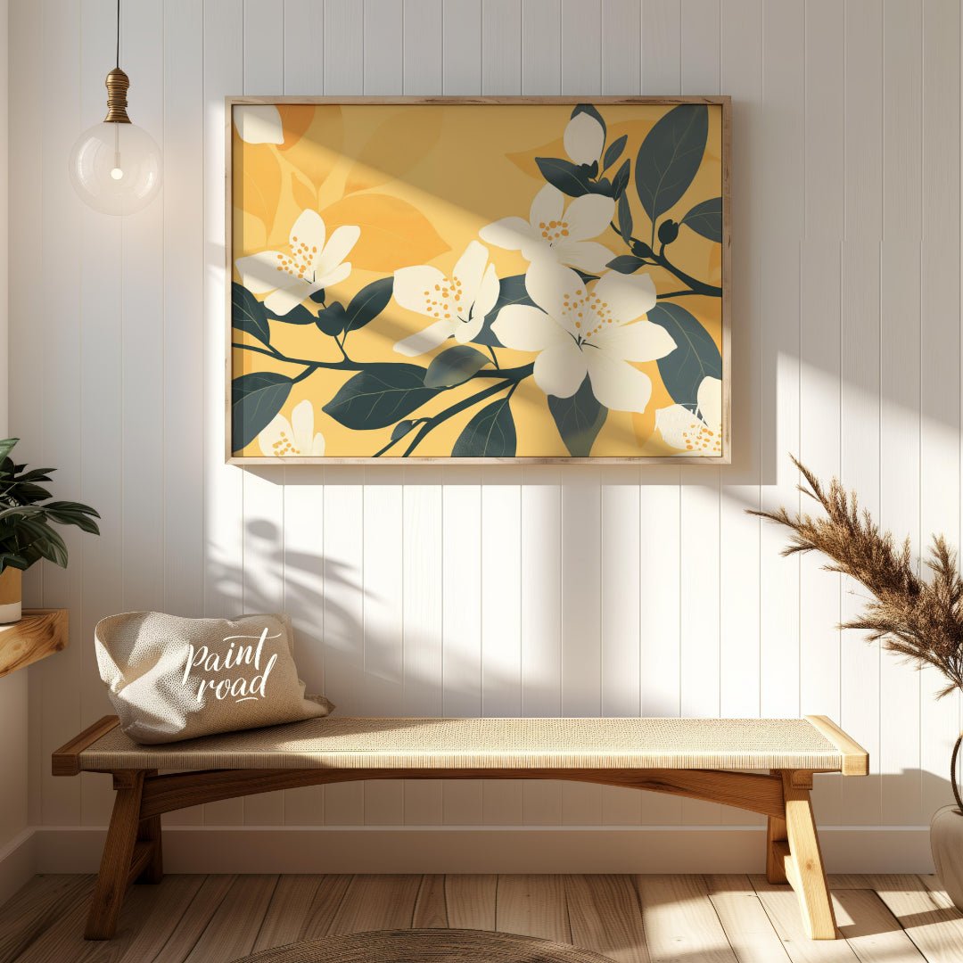 This serene digital illustration features white flowers with delicate petals and subtle yellow cent… for entryway