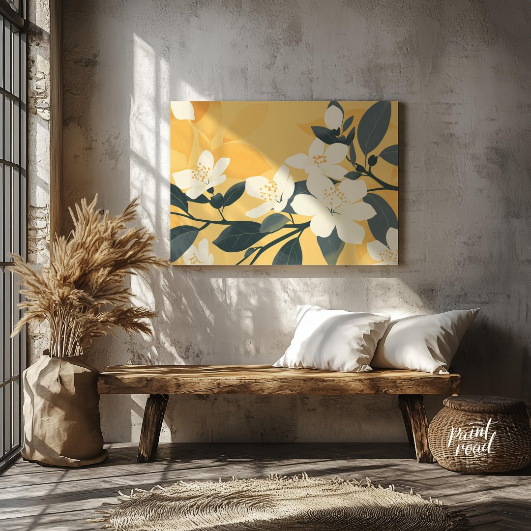 This serene digital illustration features white flowers with delicate petals and subtle yellow cent… for entryway