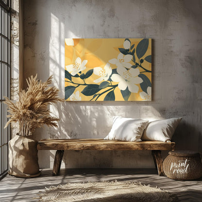 This serene digital illustration features white flowers with delicate petals and subtle yellow cent… for entryway