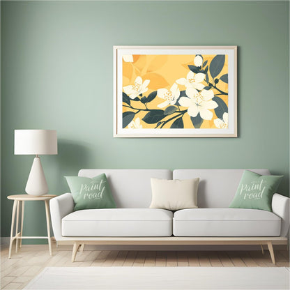 This serene digital illustration features white flowers with delicate petals and subtle yellow cent… for living room