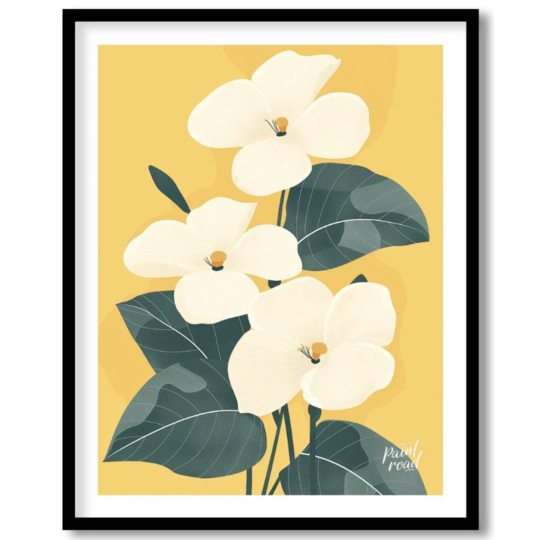 This elegant digital illustration features three white flowers with delicate petals and subtle yell… for house