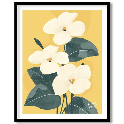 This elegant digital illustration features three white flowers with delicate petals and subtle yell… for house