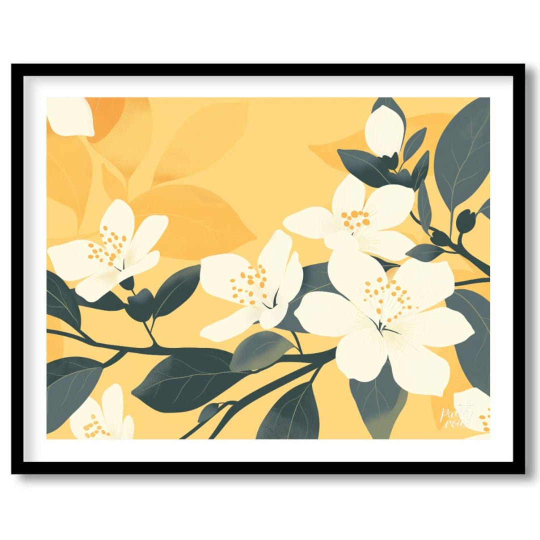 This serene digital illustration features white flowers with delicate petals and subtle yellow cent… for kitchen