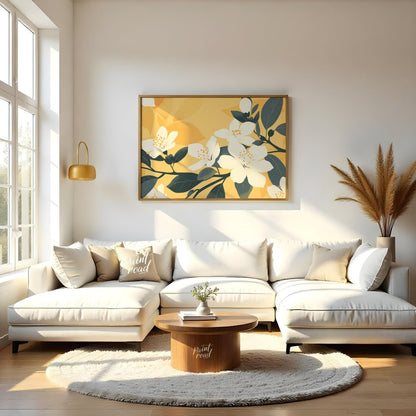 This serene digital illustration features white flowers with delicate petals and subtle yellow cent… for living room