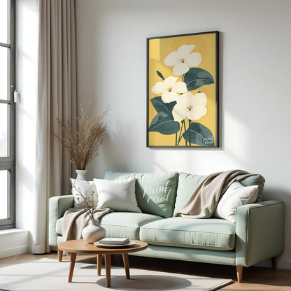 This elegant digital illustration features three white flowers with delicate petals and subtle yell… for living room