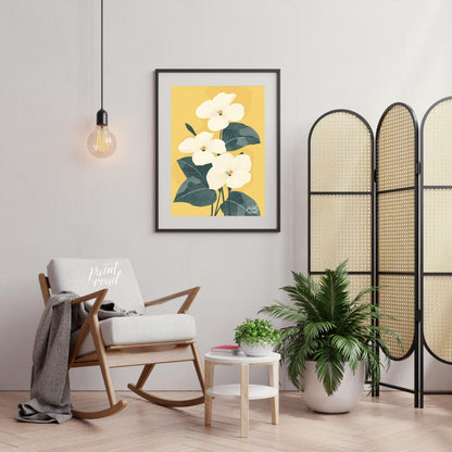 This elegant digital illustration features three white flowers with delicate petals and subtle yell… for living room