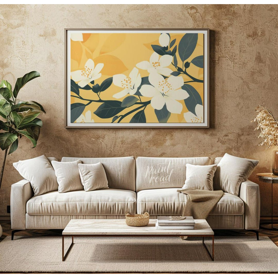 This serene digital illustration features white flowers with delicate petals and subtle yellow cent… for living room