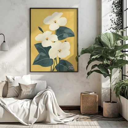 This elegant digital illustration features three white flowers with delicate petals and subtle yell… for living room
