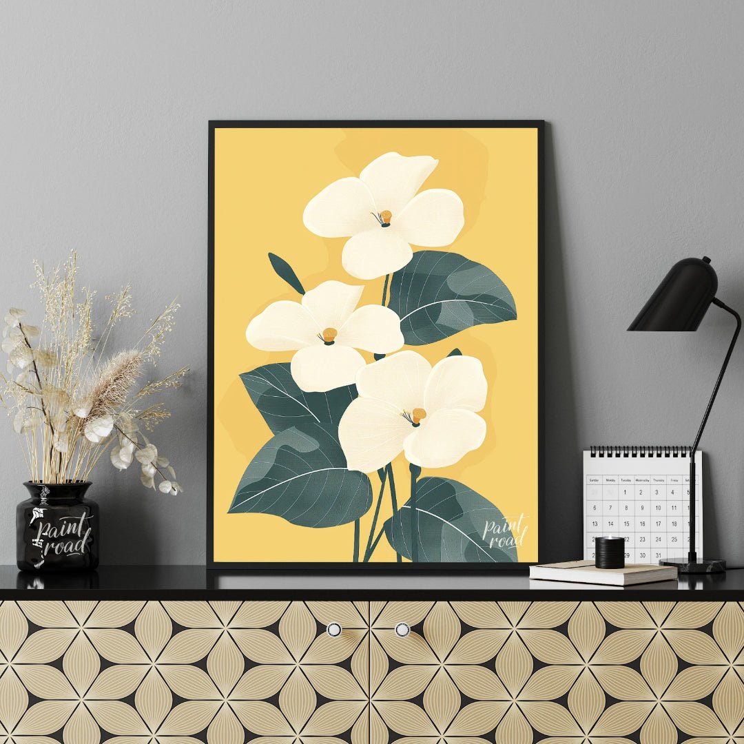 This elegant digital illustration features three white flowers with delicate petals and subtle yell… for office