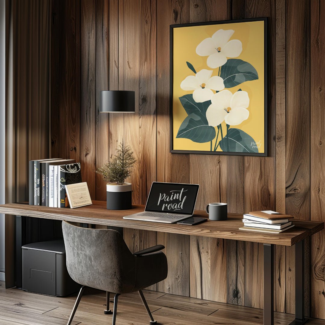 This elegant digital illustration features three white flowers with delicate petals and subtle yell… for office