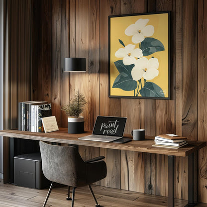 This elegant digital illustration features three white flowers with delicate petals and subtle yell… for office
