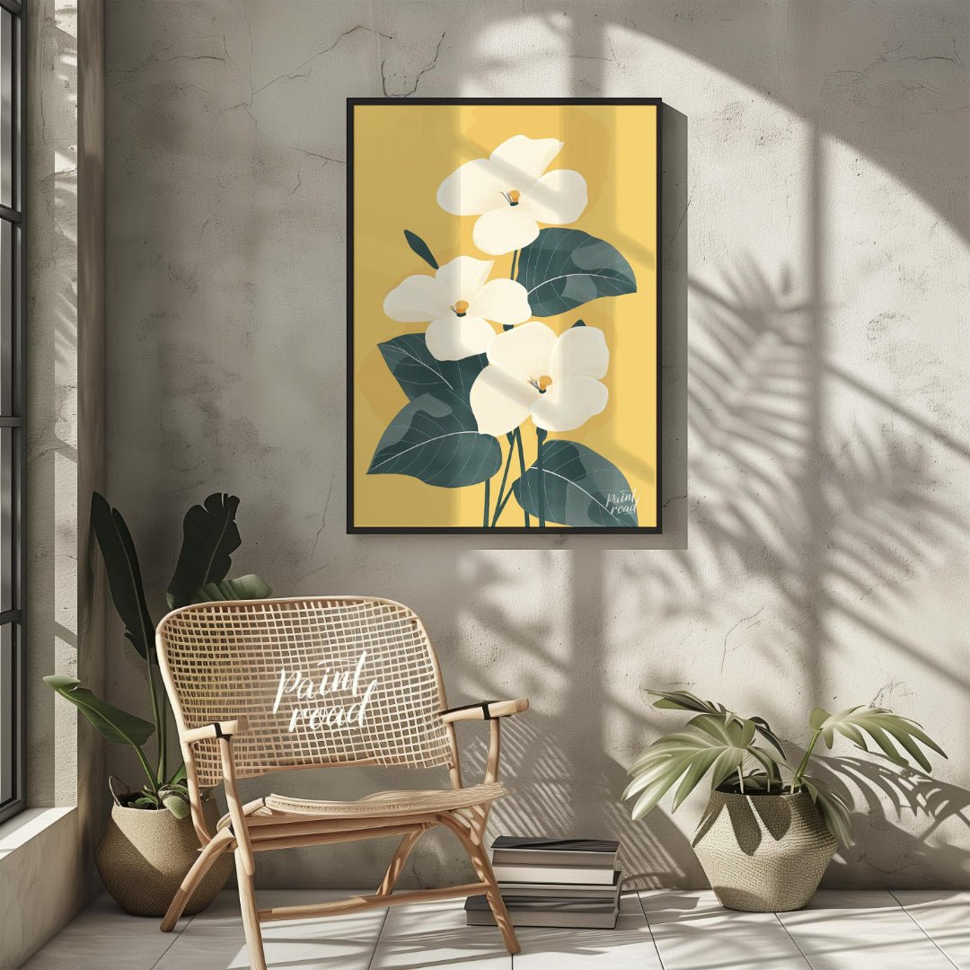 This elegant digital illustration features three white flowers with delicate petals and subtle yell… for other