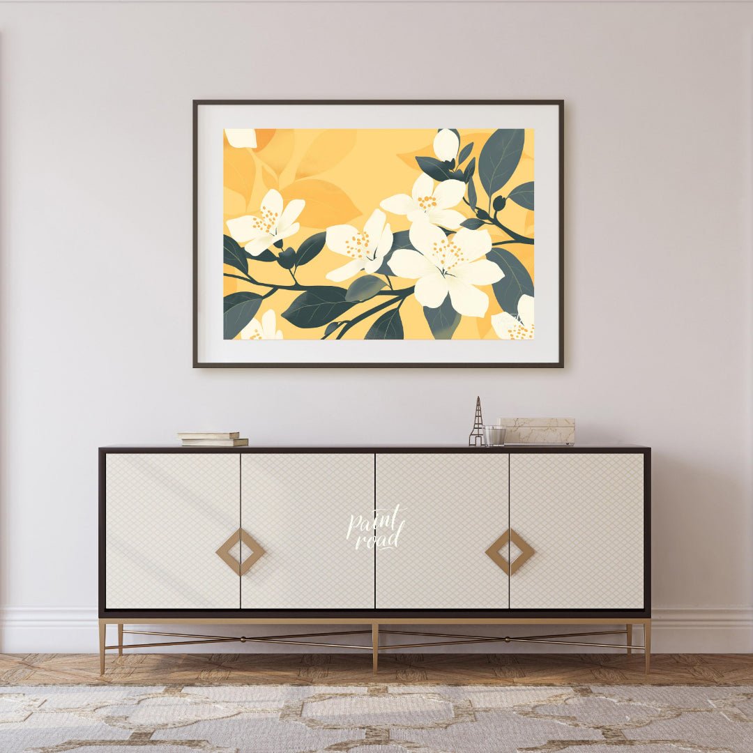 This serene digital illustration features white flowers with delicate petals and subtle yellow cent… for living room