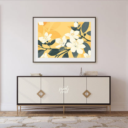 This serene digital illustration features white flowers with delicate petals and subtle yellow cent… for living room