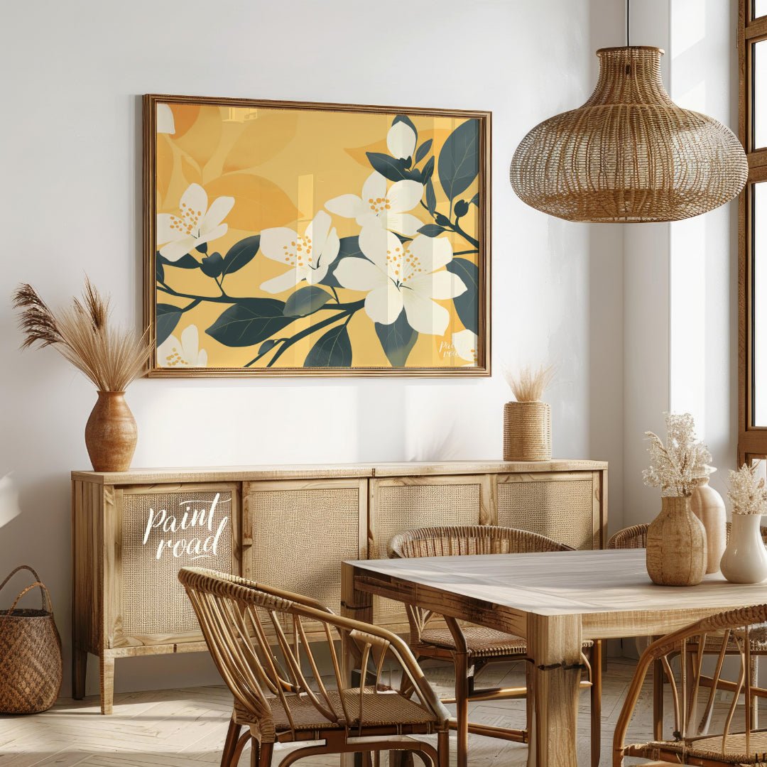 This serene digital illustration features white flowers with delicate petals and subtle yellow cent… for dining room
