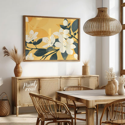 This serene digital illustration features white flowers with delicate petals and subtle yellow cent… for dining room