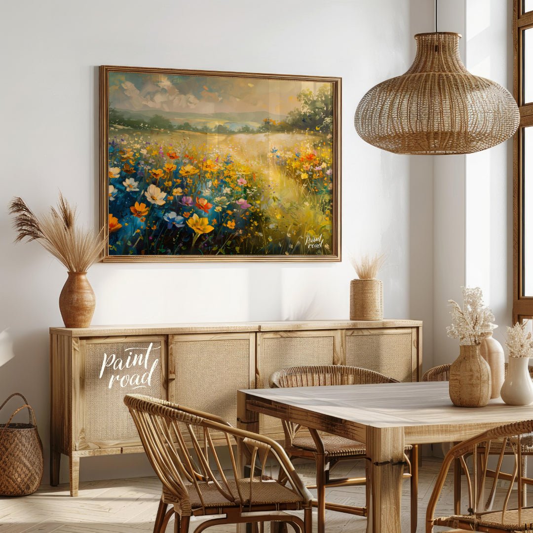 This vibrant digital painting captures a sprawling meadow vista filled with colorful wildflowers, f… for dining room