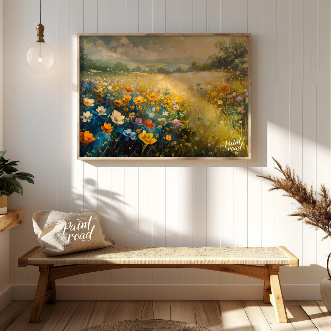 This vibrant digital painting captures a sprawling meadow vista filled with colorful wildflowers, f… for entryway