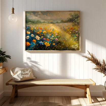 This vibrant digital painting captures a sprawling meadow vista filled with colorful wildflowers, f… for entryway