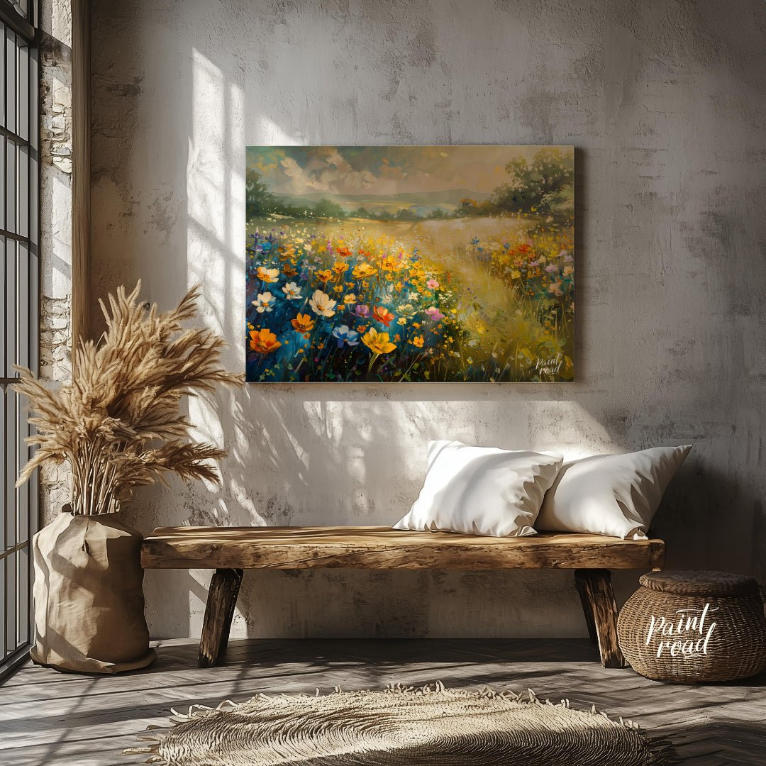 This vibrant digital painting captures a sprawling meadow vista filled with colorful wildflowers, f… for entryway