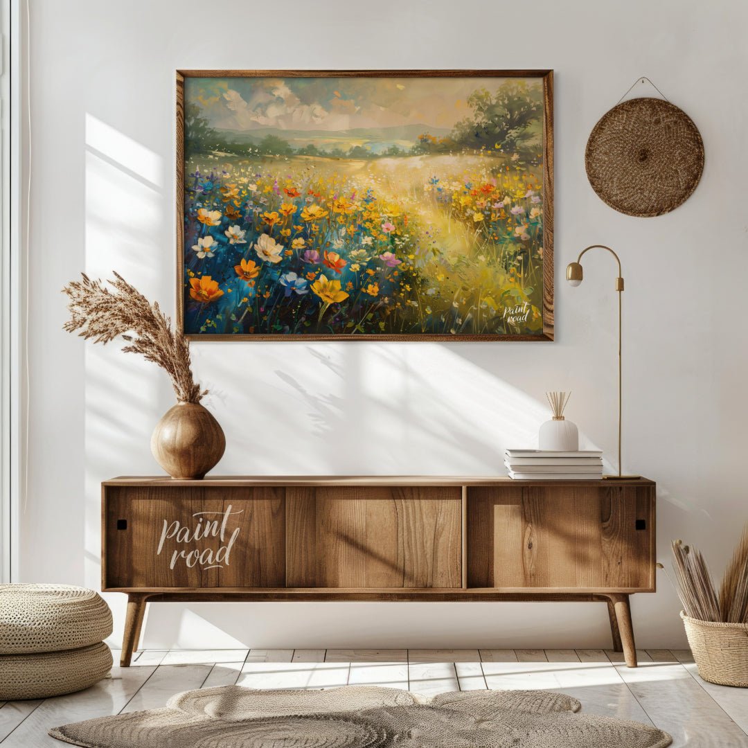 This vibrant digital painting captures a sprawling meadow vista filled with colorful wildflowers, f… for living room