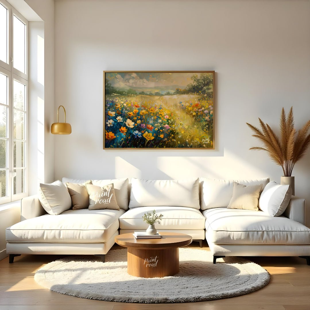 This vibrant digital painting captures a sprawling meadow vista filled with colorful wildflowers, f… for living room